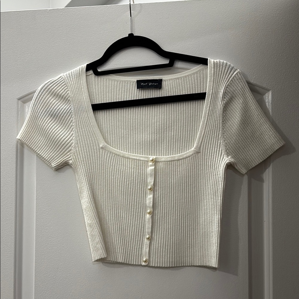 White Ribbed Button-Up Top